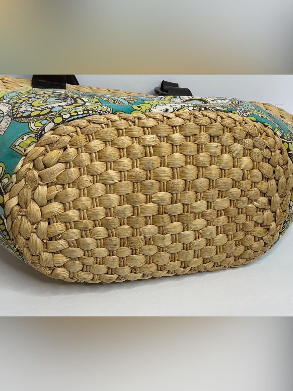 Vera Bradley Straw Tote with Teal and Green Paisley Panels - Picture 3 of 10
